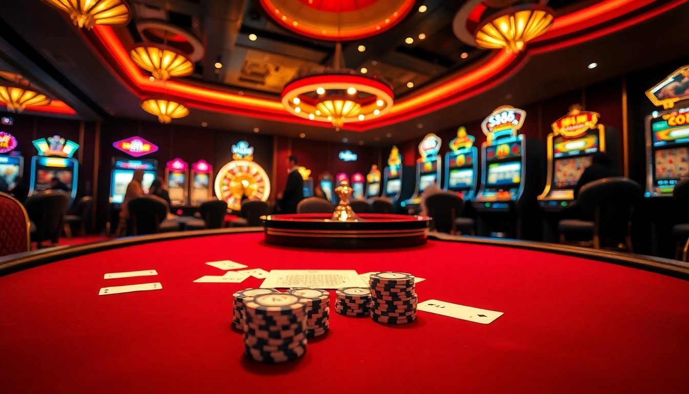 Experience the thrilling s88 gameplay at an elegant casino, featuring luxurious tables, vibrant chips, and excited players.