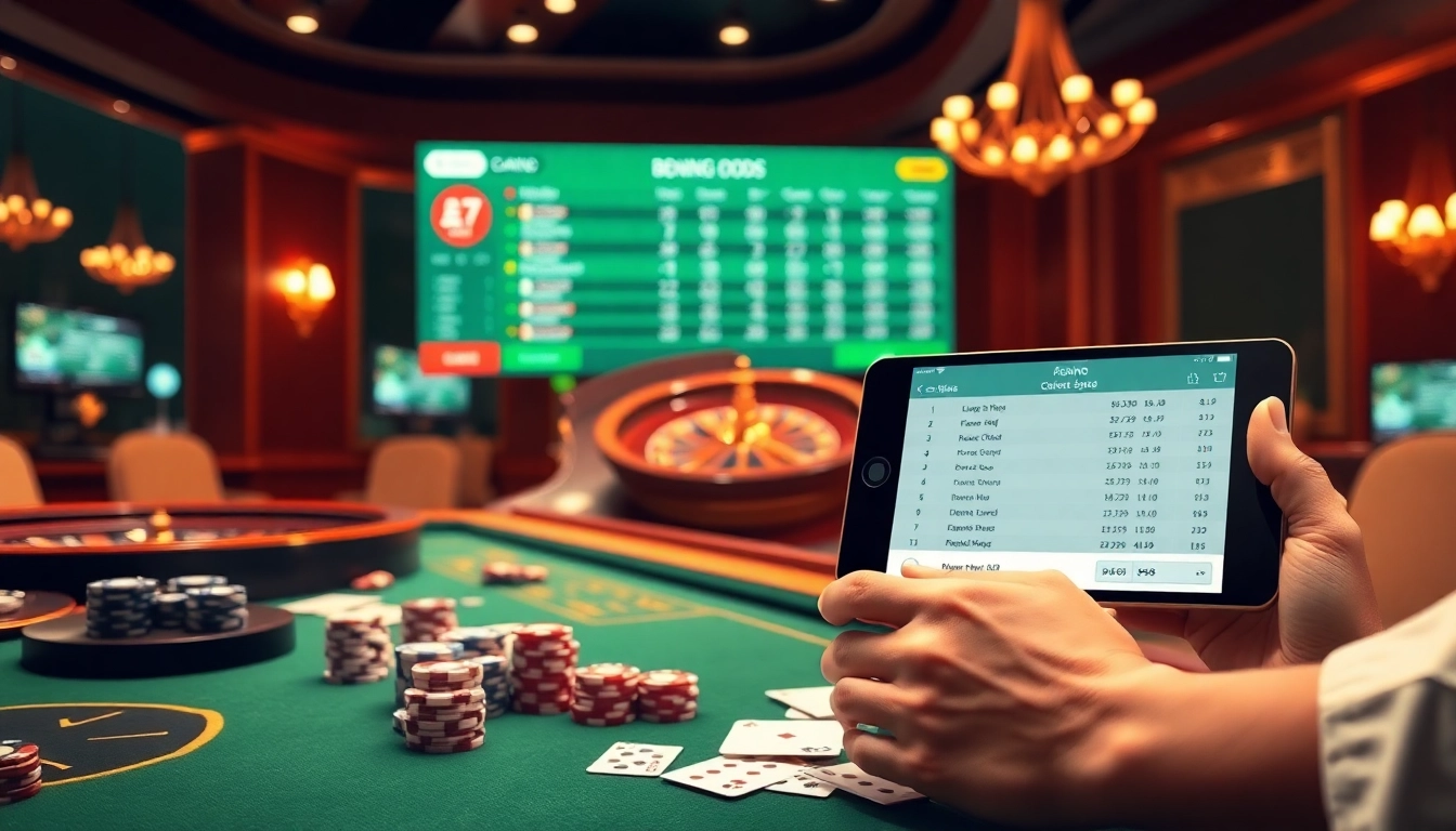Place football odds kèo bóng đá prominently in a vibrant casino atmosphere showcasing excitement and strategic betting activities.