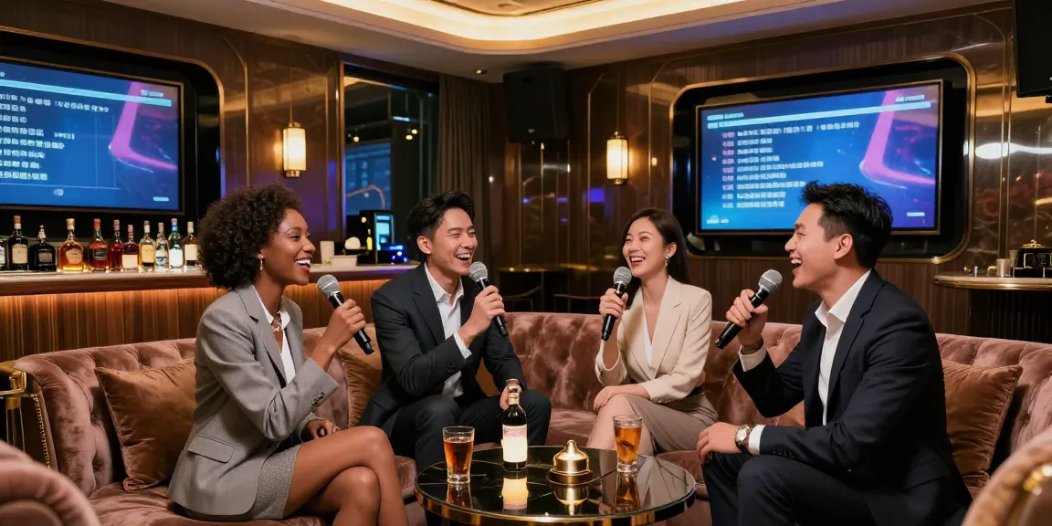 강남쩜오에서 비즈니스 미팅을 즐기는 세련된 그룹의 모습, 고급스러운 인테리어가 돋보입니다.