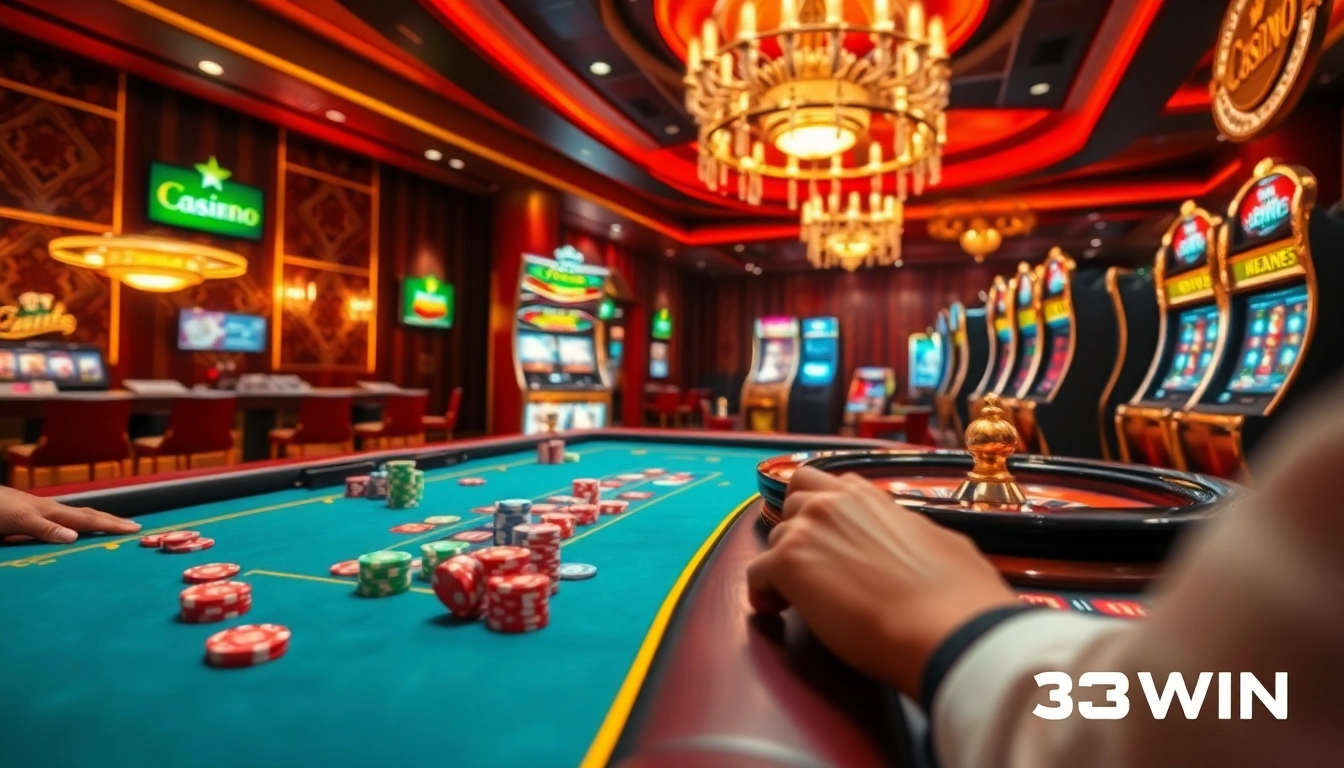 Experience the excitement of 33WIN at a luxurious online casino table filled with vibrant poker chips and cards.