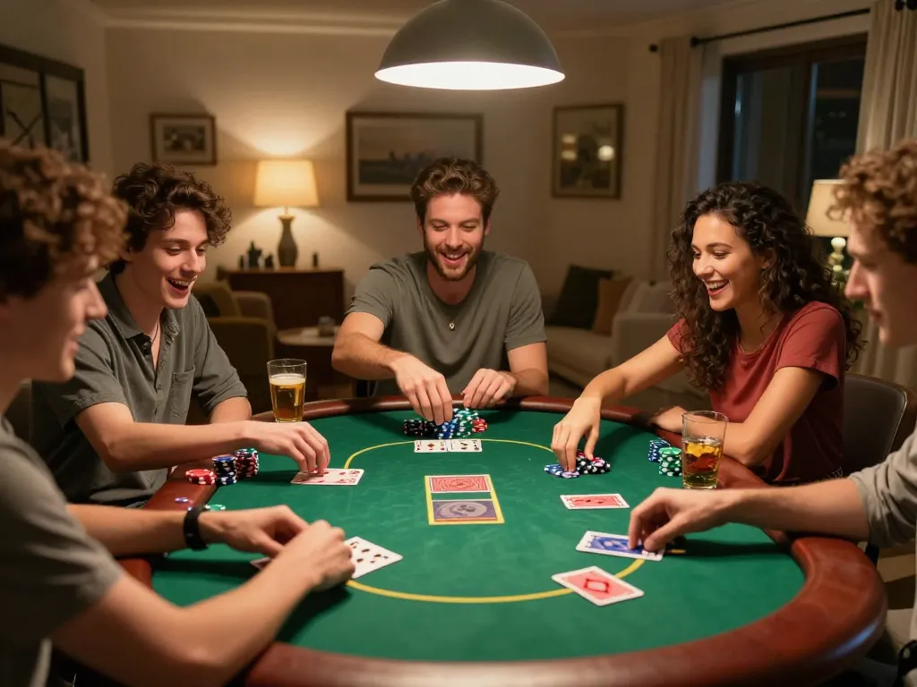 Friends enjoying a lively poker night with mm88bet cards and chips on the table.