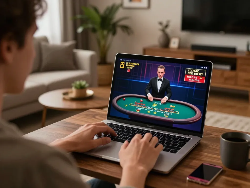 Engaging scene of live dealer blackjack gameplay at home with FIVE88 app displayed on laptop