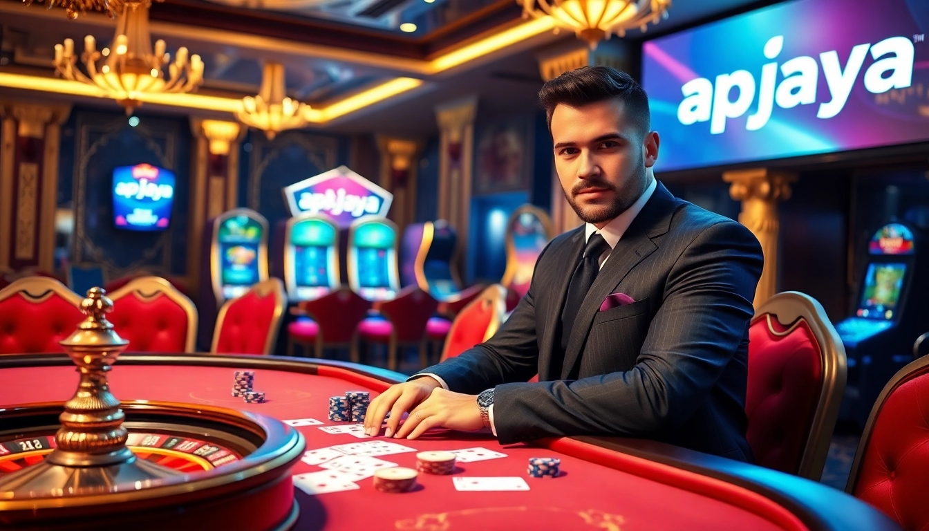 Experience the thrill of apk jaya at a luxurious gambling scene with poker chips and cards.