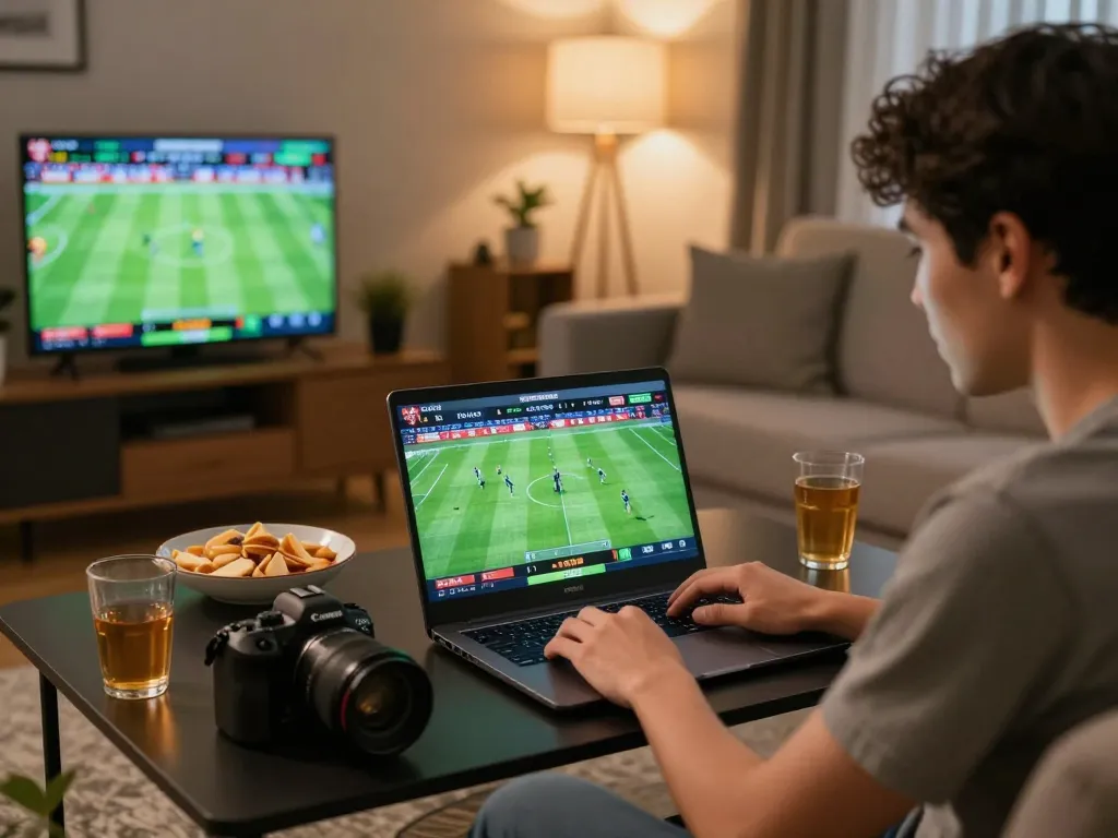 Xoilac TV user placing sports bets in a cozy home environment with live football matches visible.