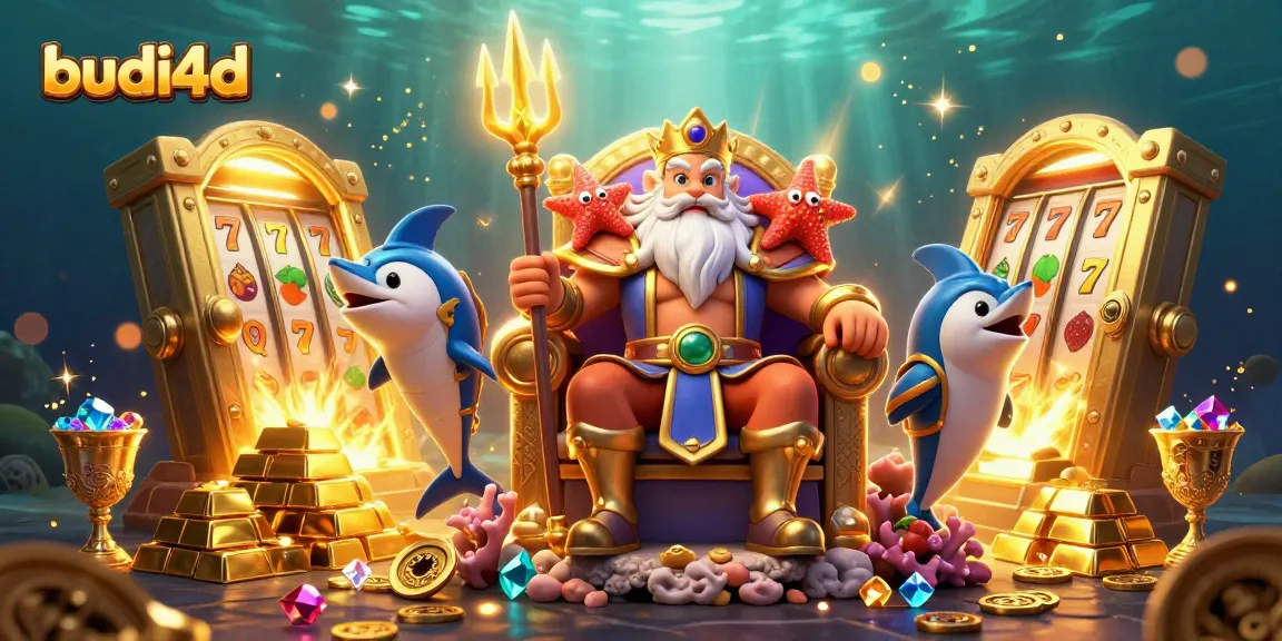 Experience exciting wins at budi4d with Neptune and treasures in this vivid underwater casino scene