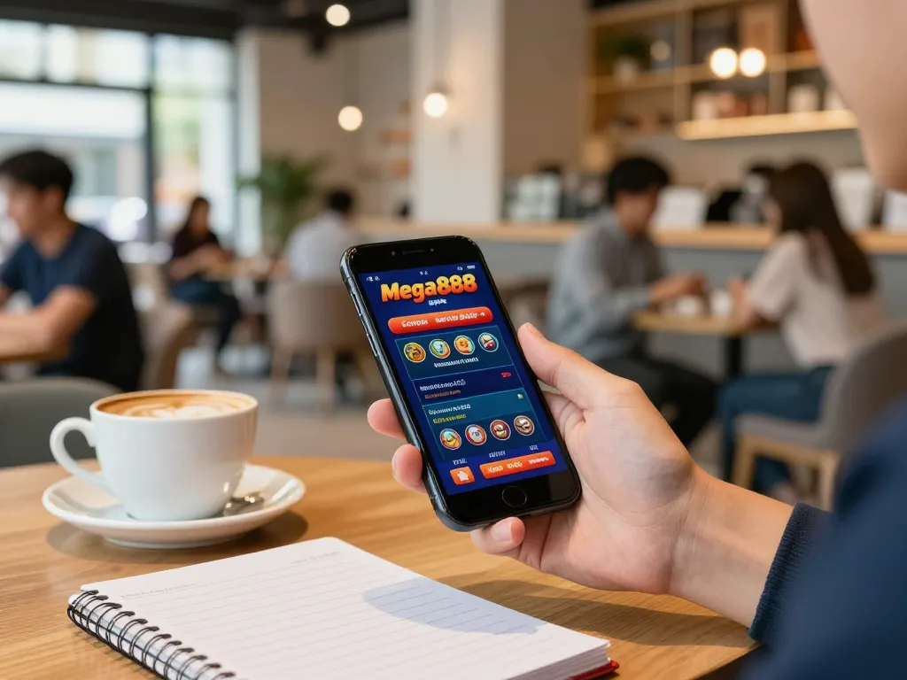Engaging in online gaming with mega888 apk app on smartphone in a cozy cafe environment.