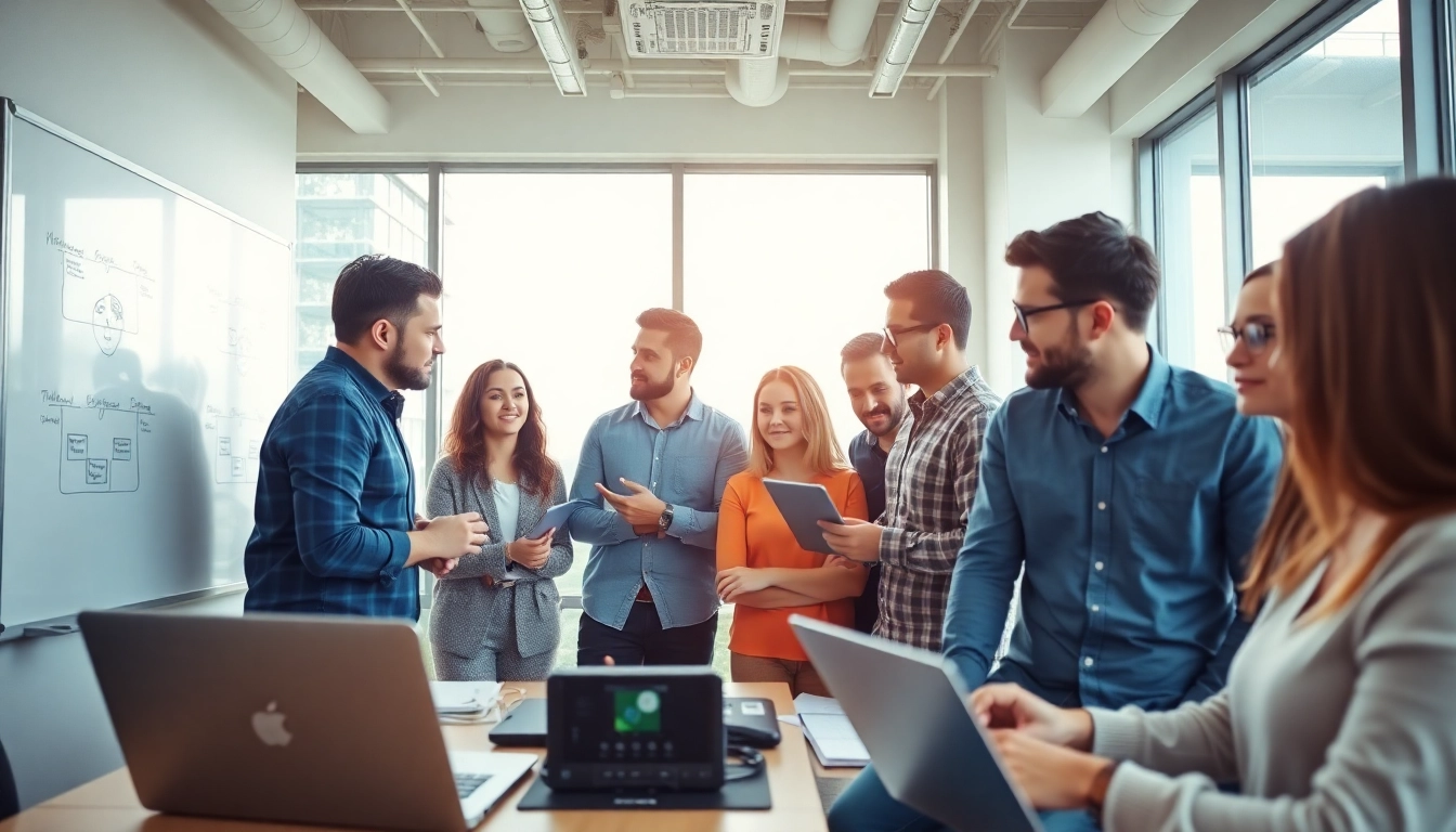 Collaboration in a vibrant agency setting showcasing diverse teamwork and digital creativity.