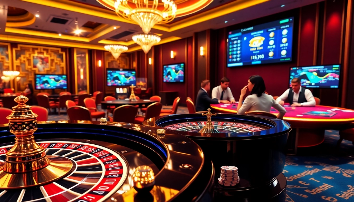 Experience thrilling gameplay at https://go999.in.net/ with an elegant casino setup featuring vibrant roulette and poker tables.