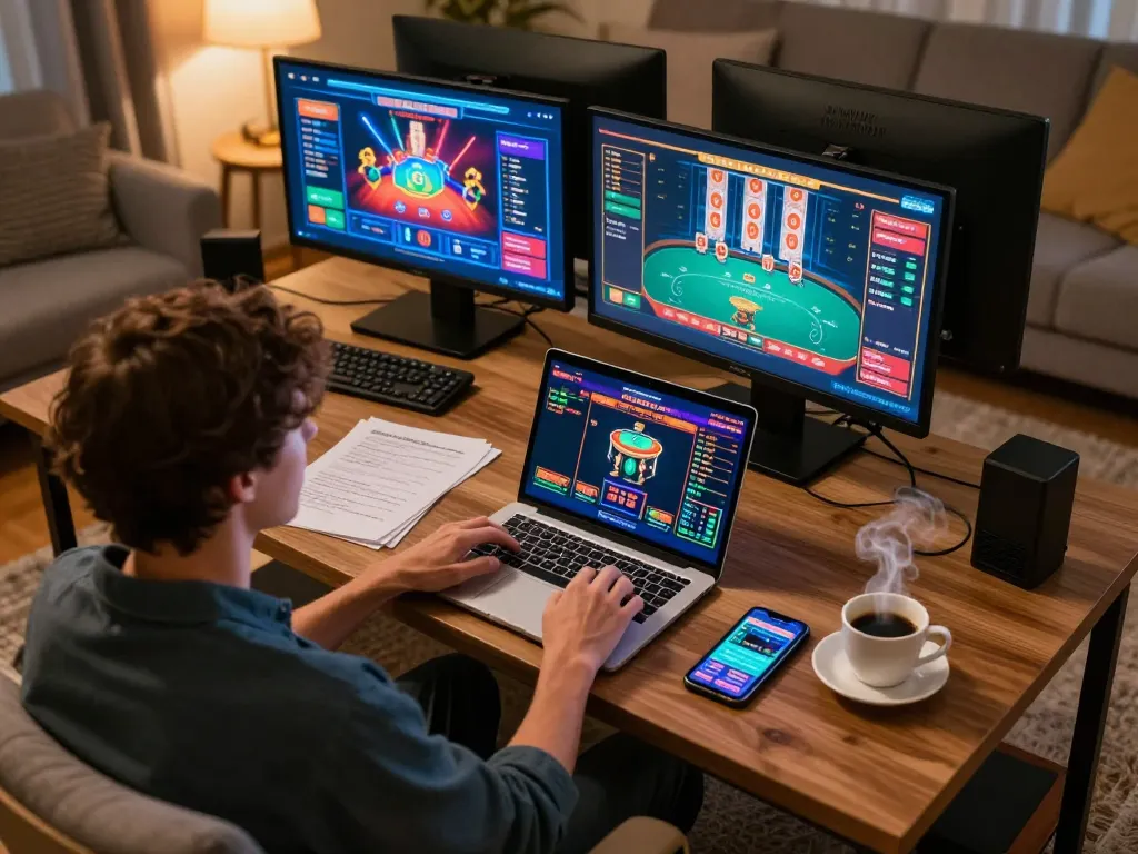Player engaging with fabet online casino on multiple devices in a cozy home environment.