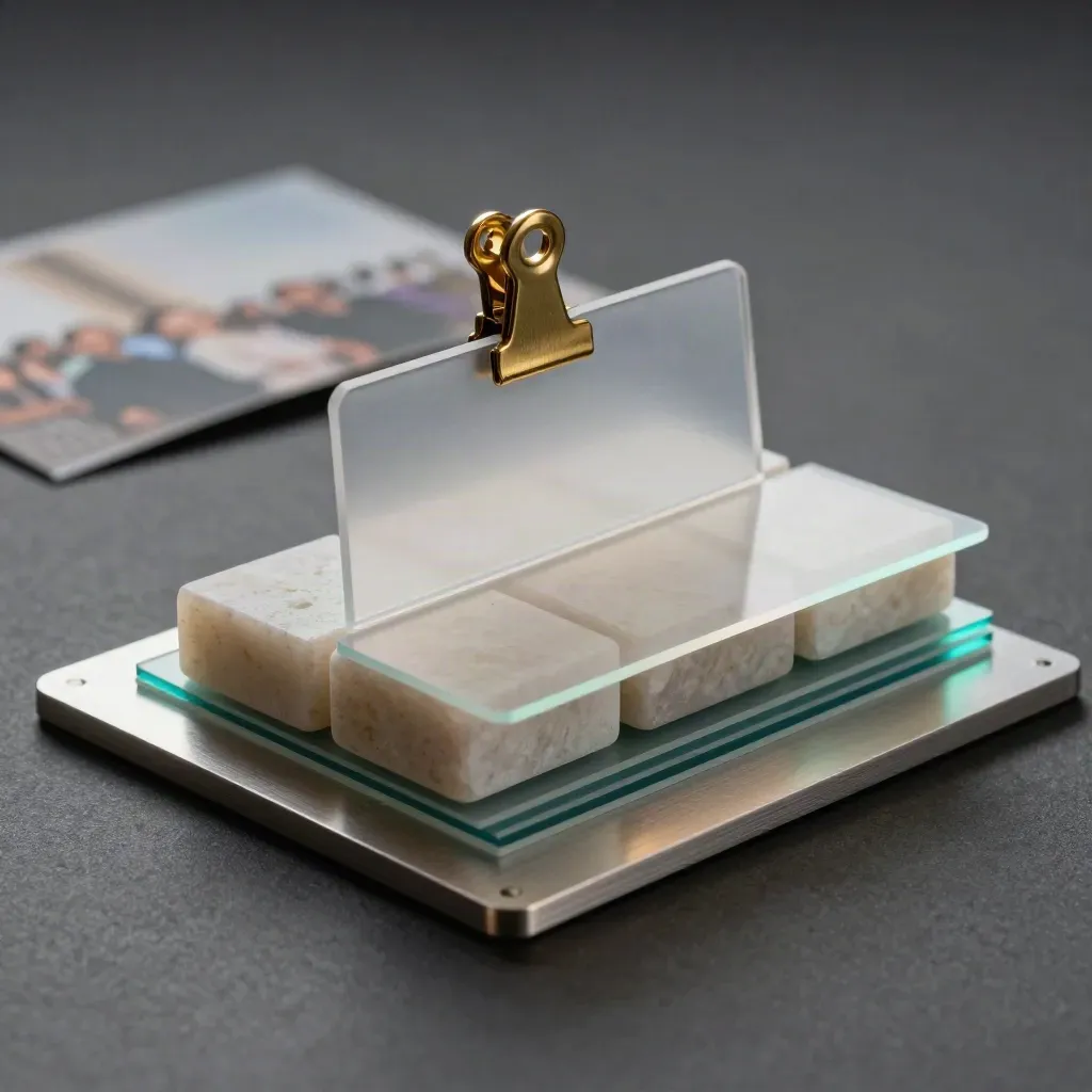 Roadmap folio with acetate dividers, brass clip, and stone blocks on brushed aluminum under cool studio light.