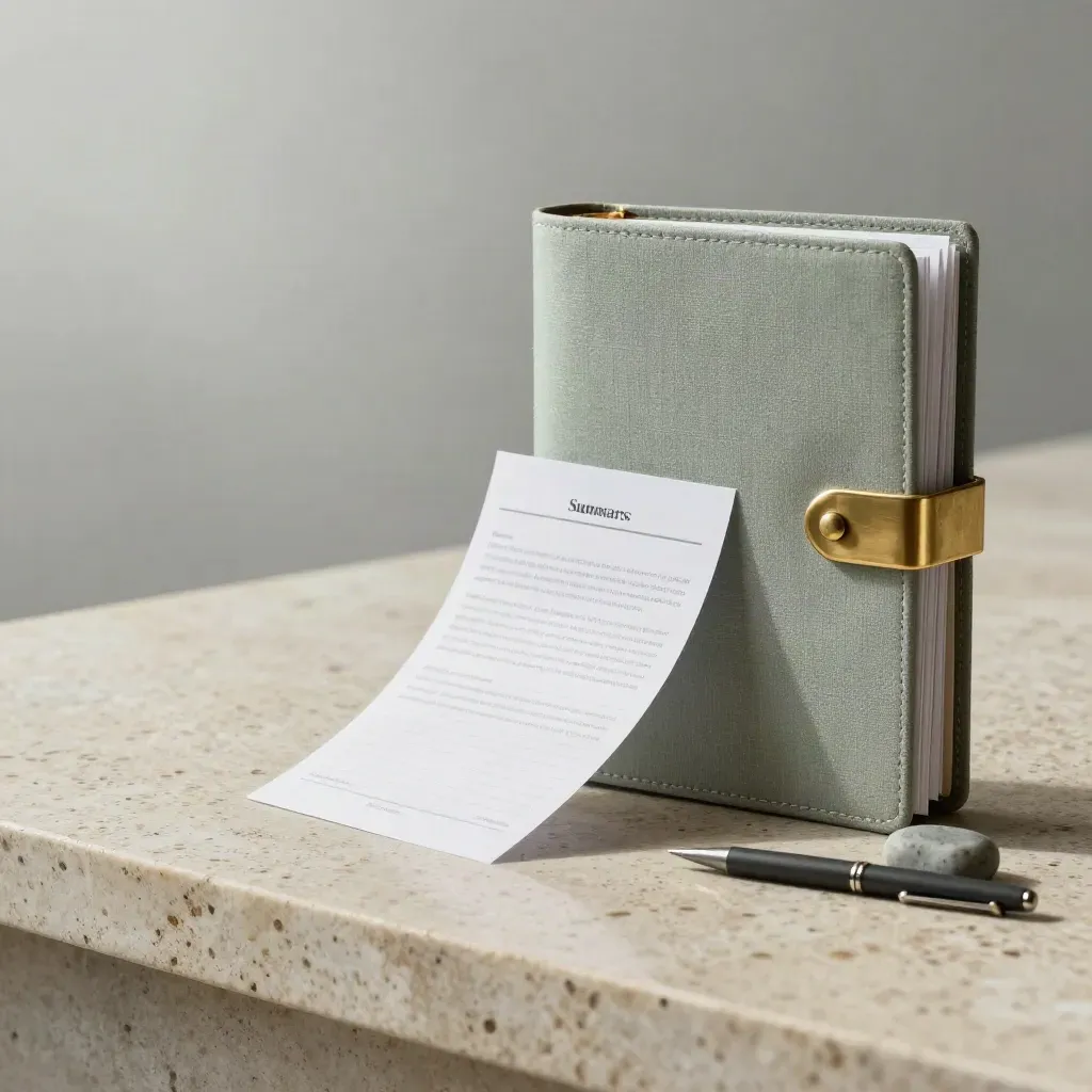 Linen strategy audit folio with brass clasp, packet, tabs, pen and paperweight on travertine.