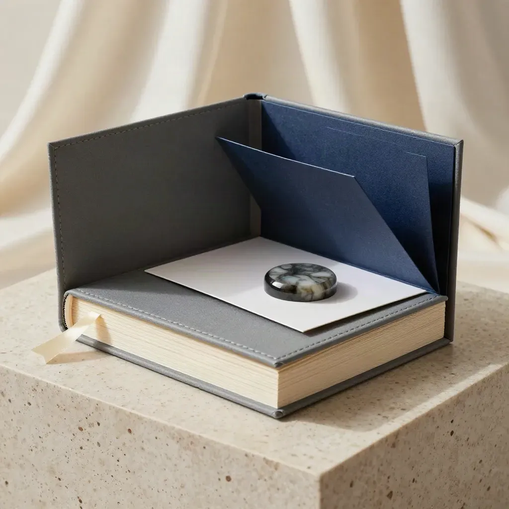 Graphite strategy booklet half-buried in cream silk with tabs, a card, and a mineral paperweight