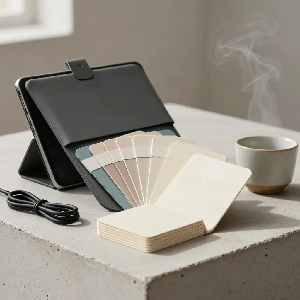 AI adoption kit with sleeve, cards, tablet stand, cable, and cup on concrete plinth