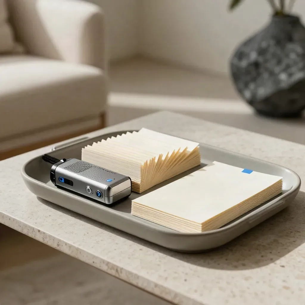 Market research pack on an ash-gray tray with cards, recorder and blue accent in soft daylight.