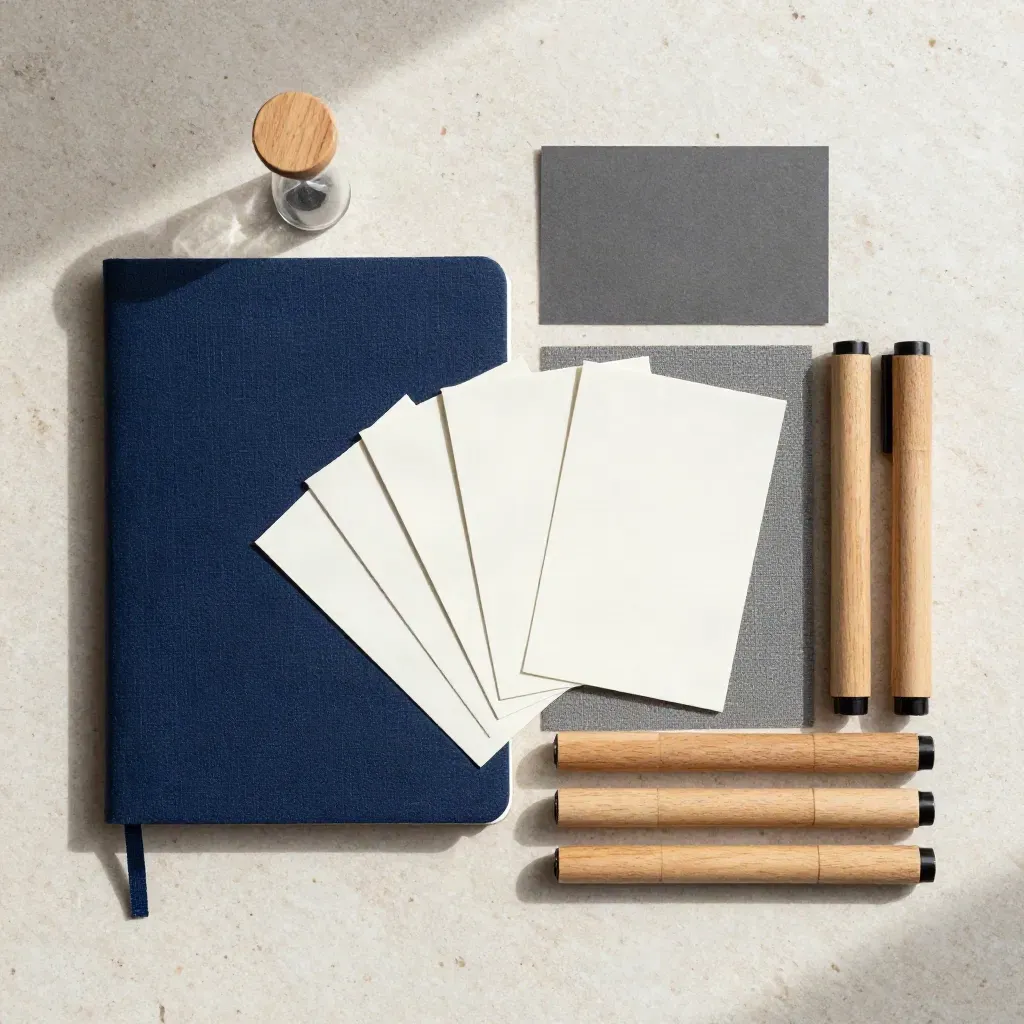 Overhead flatlay of notebooks, sand timer, prompt tiles and wooden markers on travertine.