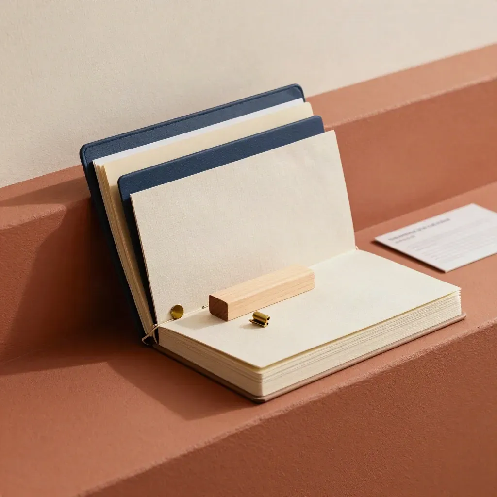 Startup strategy folio with folders, notebook, brass clip and wood block on terracotta ledge.