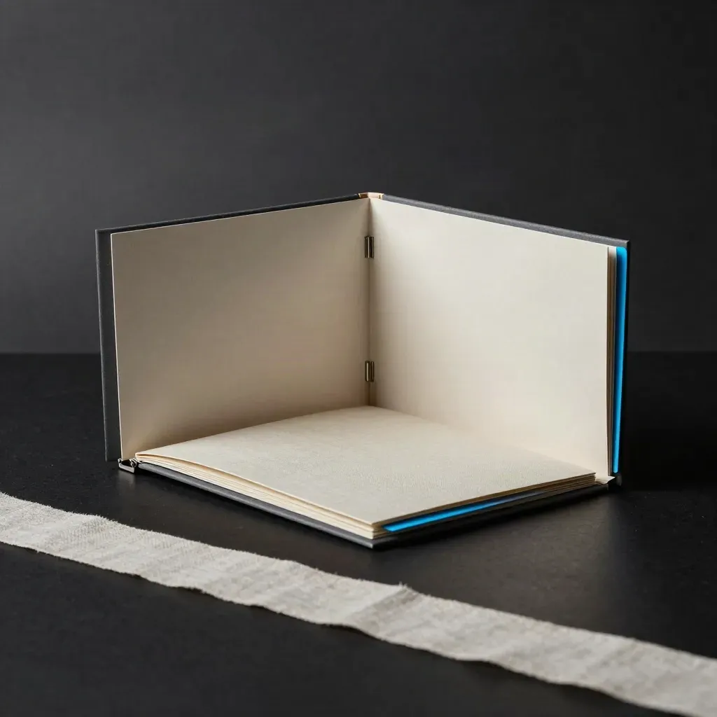 Open brand message kit with slate folders, blue tabs, and linen texture on a dark studio tray.
