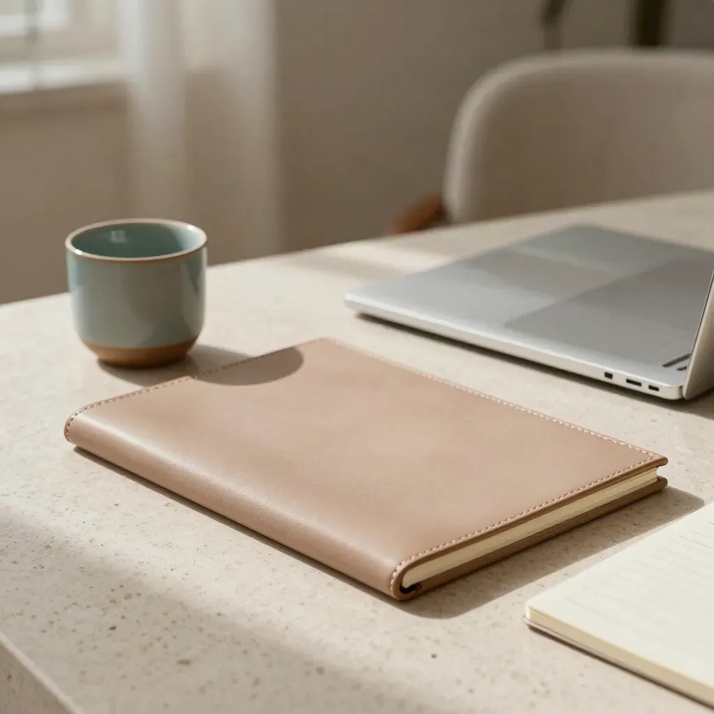 Strategy call prep folio with laptop, cup and note pad on travertine by soft daylight.