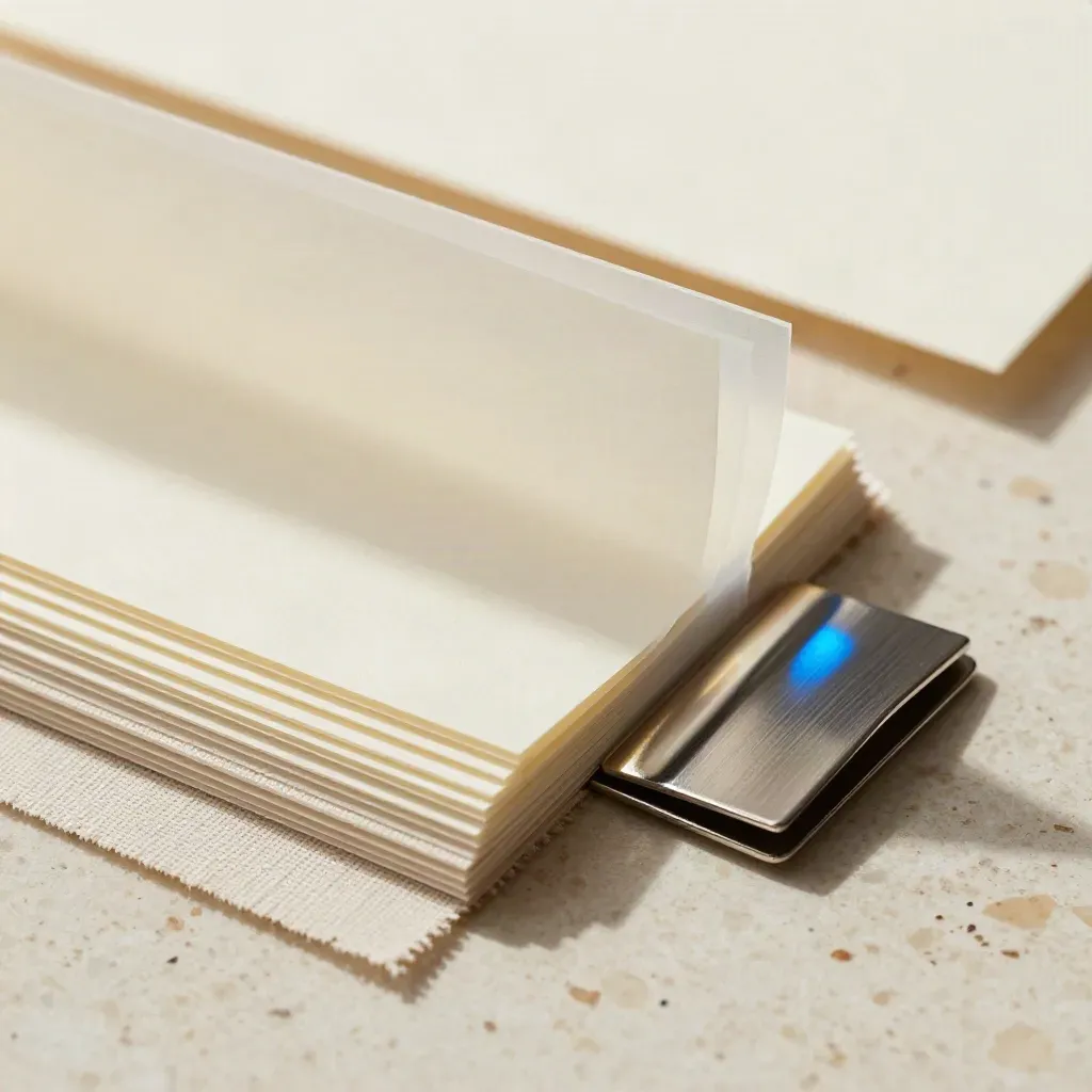 Translucent sleeves, blank cards, linen swatch, and metal clip on travertine, top-down macro