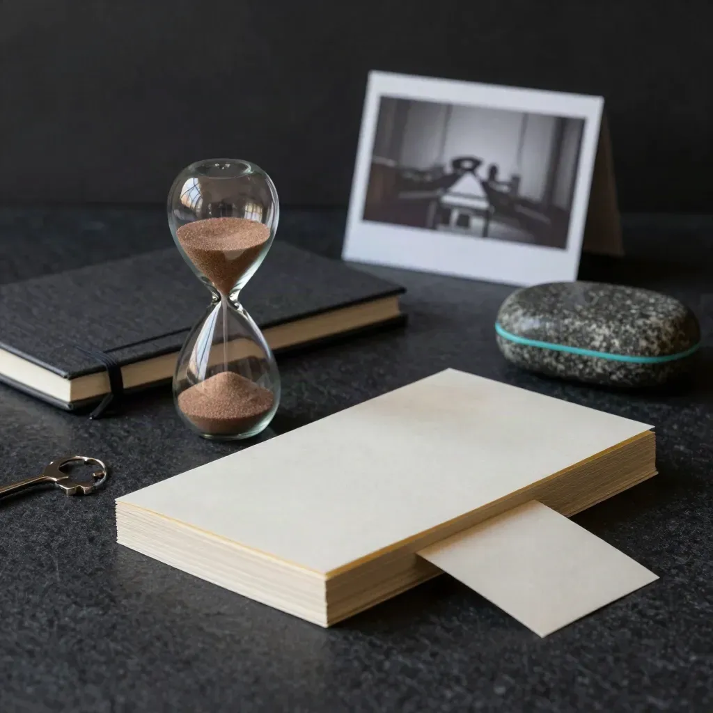 Founder Q&amp;A kit with notebooks, sand timer, index cards and stone paperweight on a dark surface.