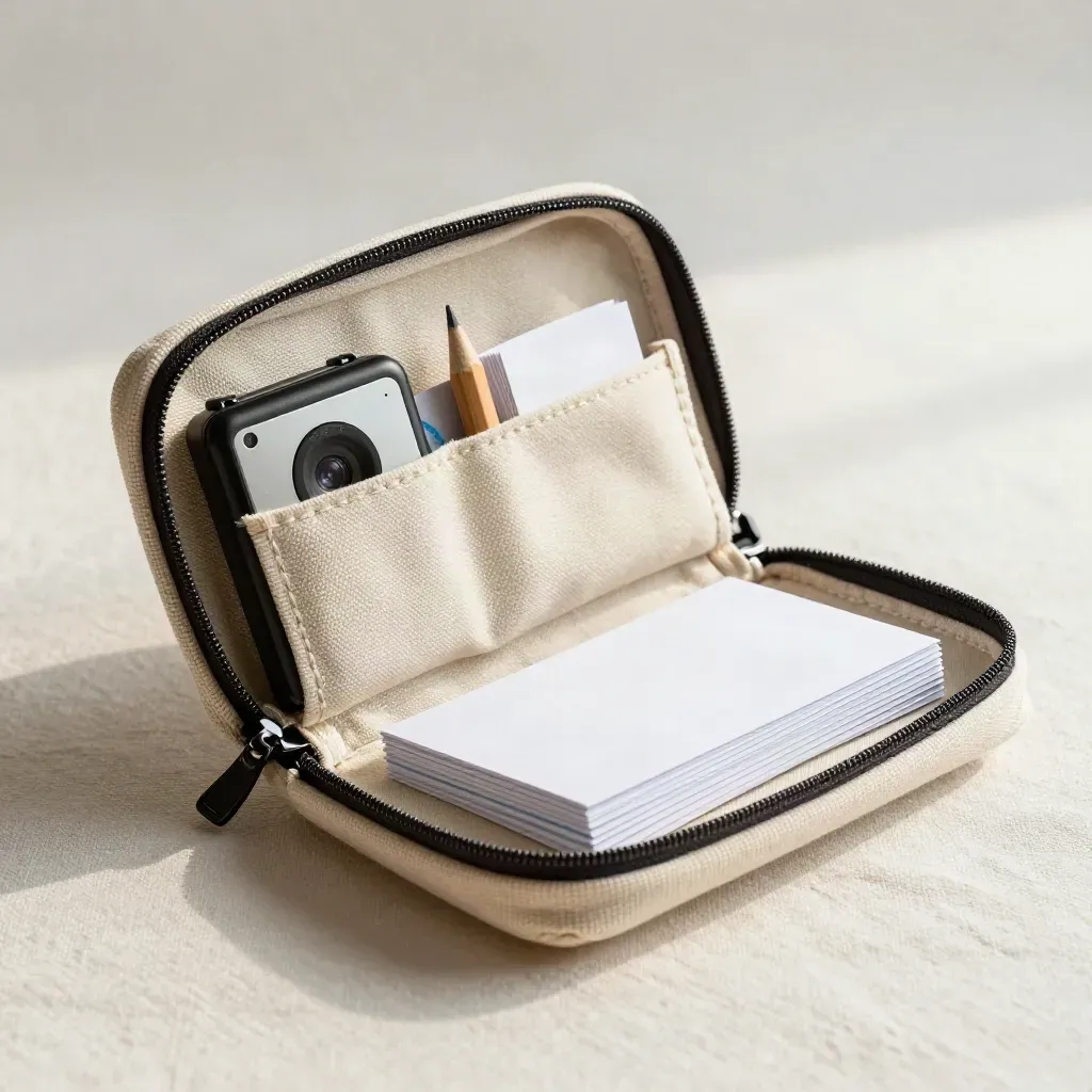Soft canvas interview kit with recorder and cards spilling on a pale surface.
