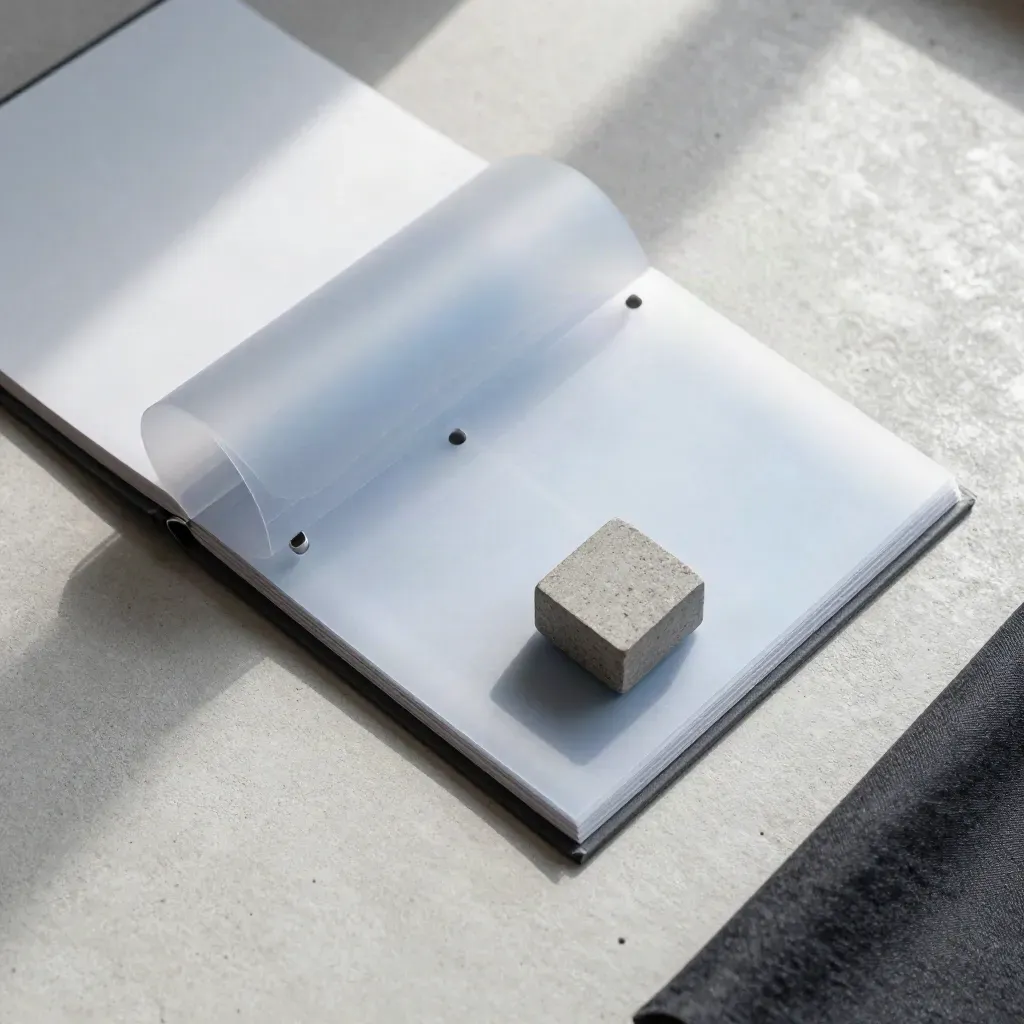 Overhead flatlay of a translucent roadmap review pack with stone weight and folded cloth.