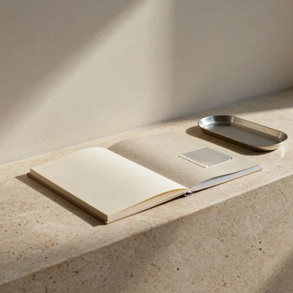 Sunlit travertine terrace with strategy folders and planning tiles beside a pale wall.