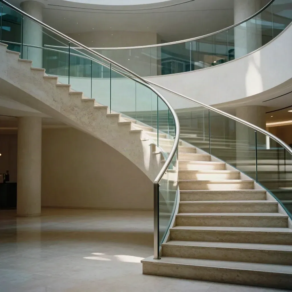 Sunlit glass atrium stairwell with limestone steps, steel rails and calm copy space below.