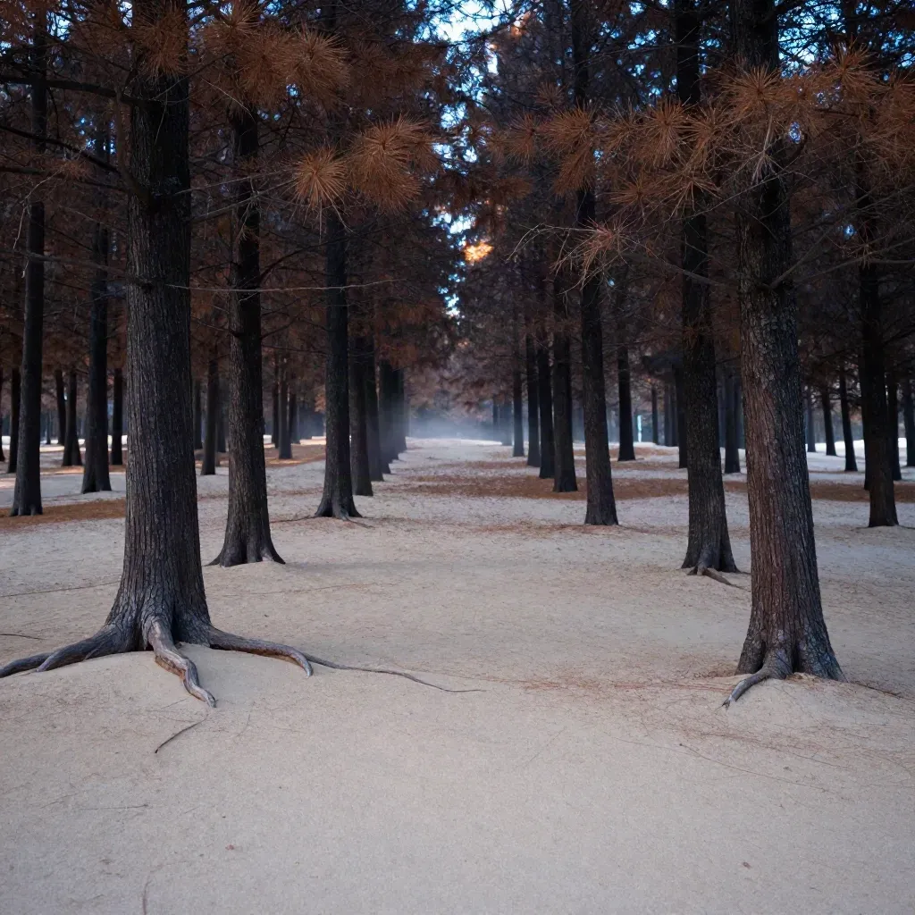 Cedar grove above a pale sandy clearing with hazy light and open copy space.