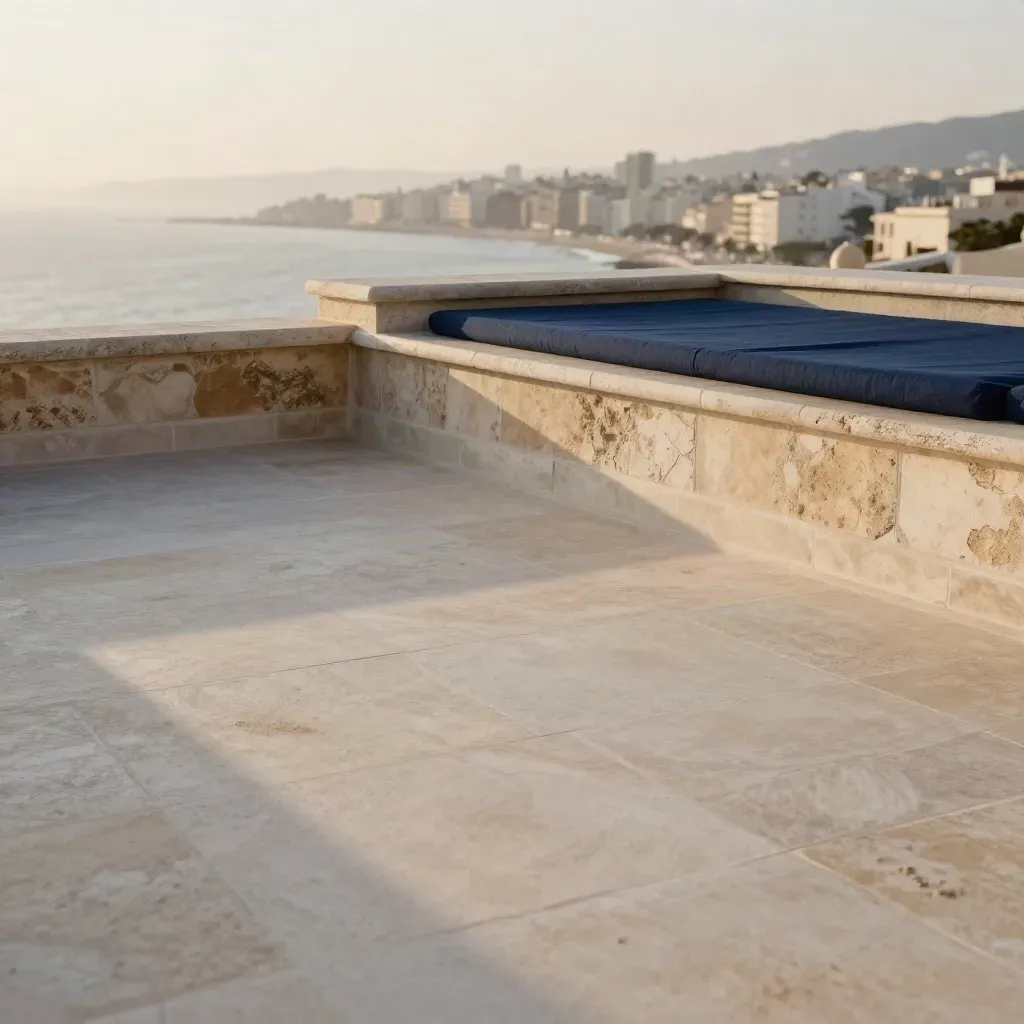 Golden rooftop terrace with stone parapet and hazy city skyline under warm evening light.