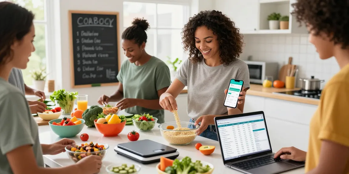 The best macro tracking app displayed as individuals meal prep healthy ingredients in a vibrant kitchen.