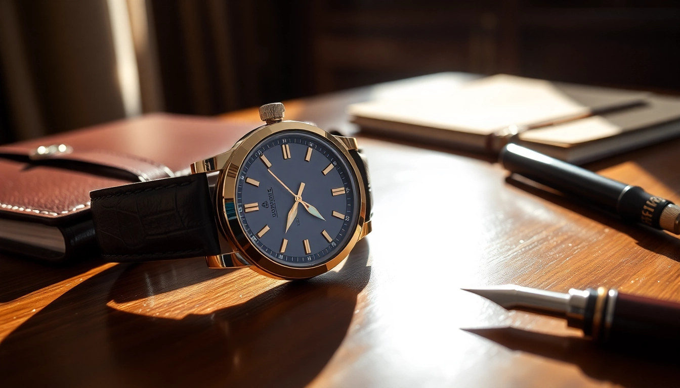Showcasing a detailed replica watch with a sophisticated design on a wooden table.