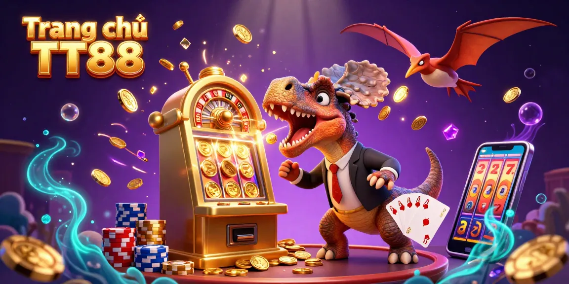 Engaging scene featuring Trang chủ TT88 with a cartoon dinosaur activating a jackpot on a slot machine amidst flying coins.