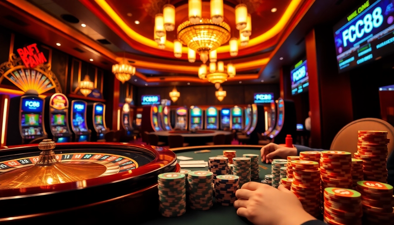 Players enjoying a thrilling game at FC88 casino with roulette and poker tables.