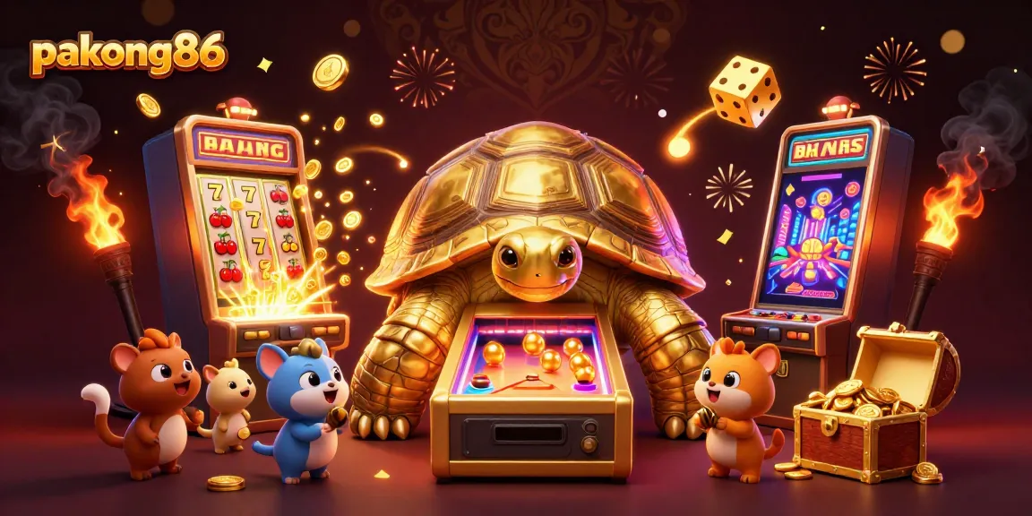 Experience the thrill of pakong86 with a vibrant jackpot scene featuring an animated tortoise and excited players.