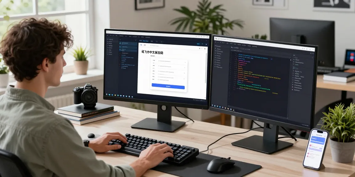 Developer working on 纸飞机中文版官网 interface in a modern tech workspace, showcasing innovative tools and vibrant atmosphere.