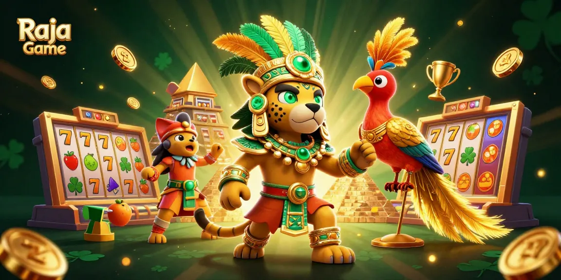 Spin and win at Raja Game with vibrant slot reels and golden jackpot trophies.