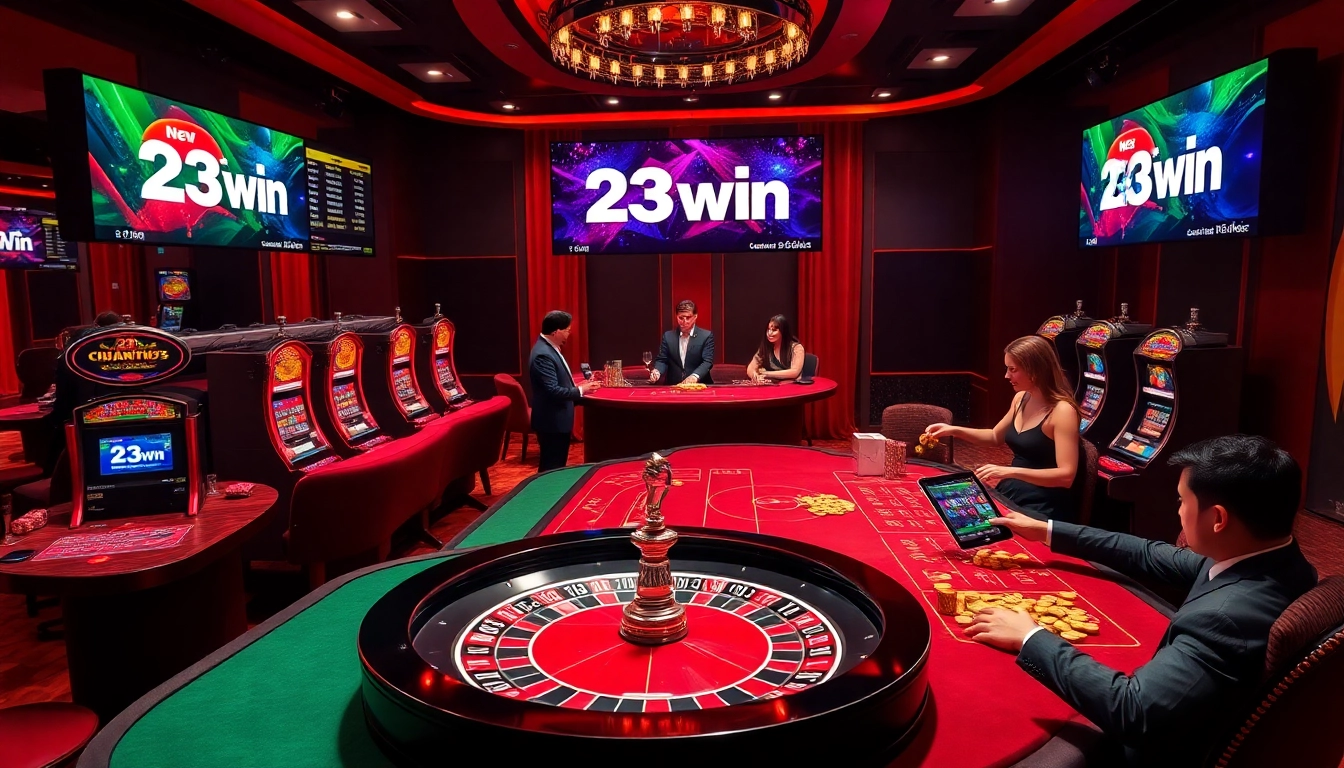 Experience the thrill of gambling at 23win with vibrant casino visuals of poker, roulette, and slots.