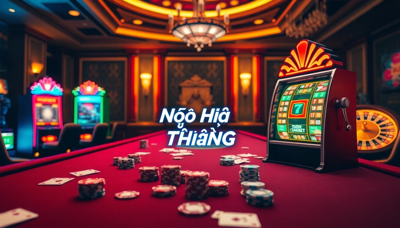 Nổ Hũ Đổi Thưởng: Exciting casino scene with vibrant slot machines and roulette wheels.