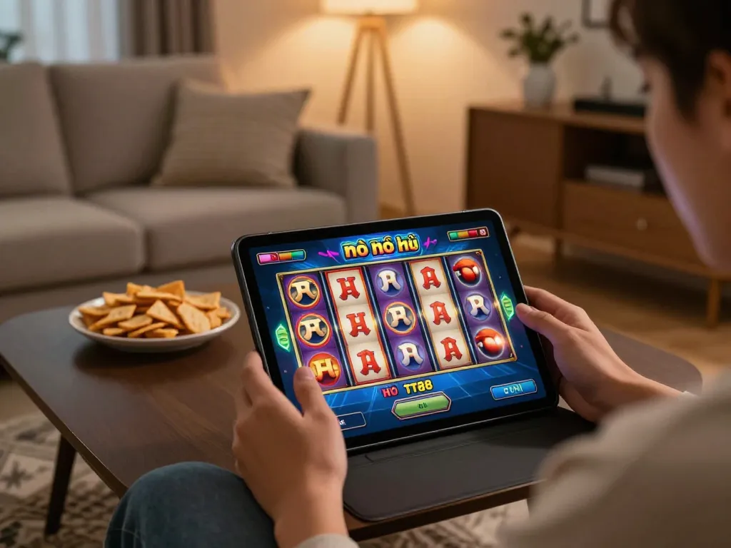 Player enjoying TT88 nổ hũ slots on tablet in a cozy home setup, showcasing excitement and relax.