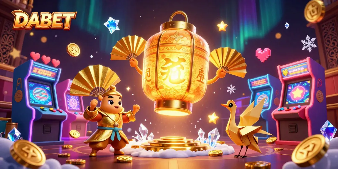 DABET reveals a vibrant casino scene with a glowing lantern spirit and gaming machines, celebrating online gambling.