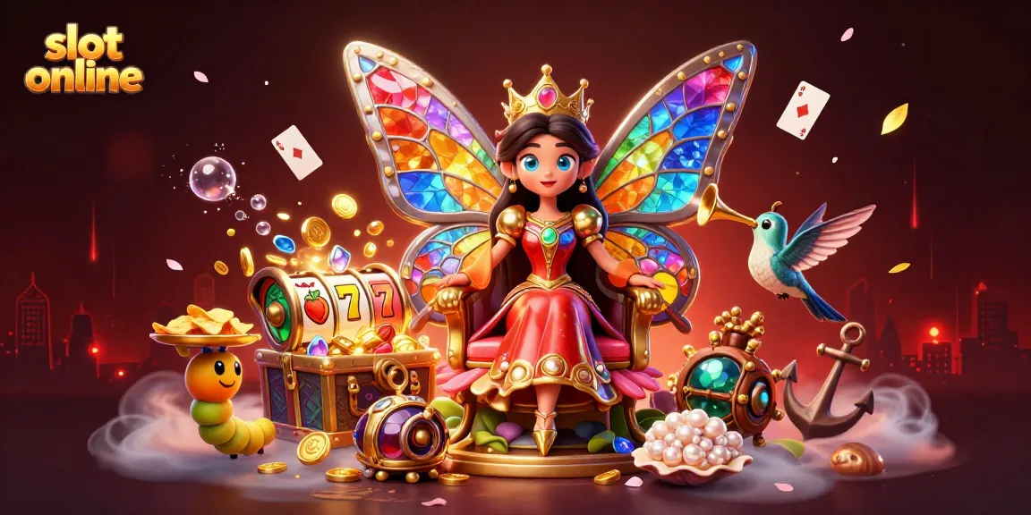 Permainan slot online yang menampilkan ratu kupu-kupu 3D dengan sayap kaca warna-warni dan elemen kasino yang kaya untuk pengalaman bermain menegangkan.