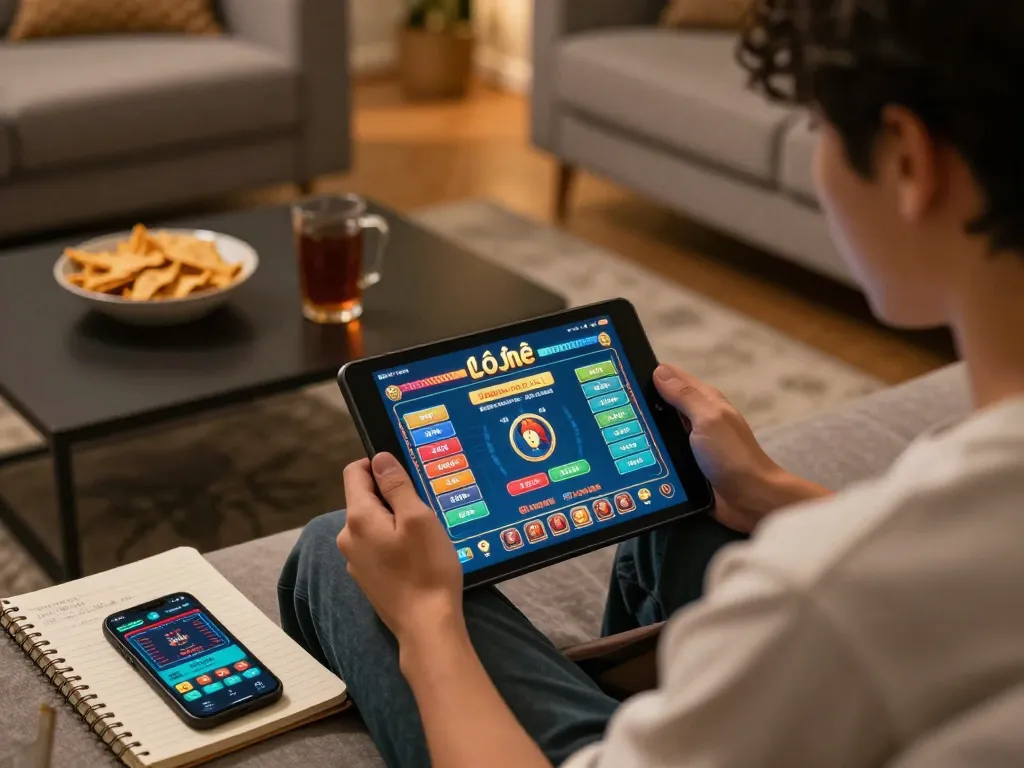 Lô đề online gaming session at home, interactive tablet display and personal betting notes.