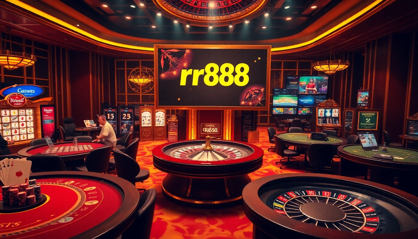 Players enjoying games at RR88 casino, featuring poker chips, cards, and roulette.