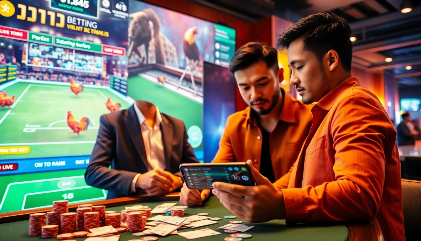 Engaging gamblers place bets on bj88 đá gà in a vibrant online casino setting.