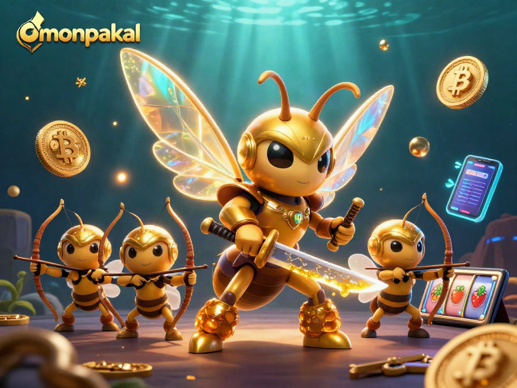 Engage with omonpakal's thrilling slots experience through a vibrant 3D digital illustration.