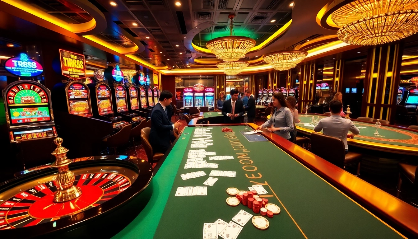 Engaging scene of a casino with TR88-themed gaming tables, vibrant slot machines, and excited players.