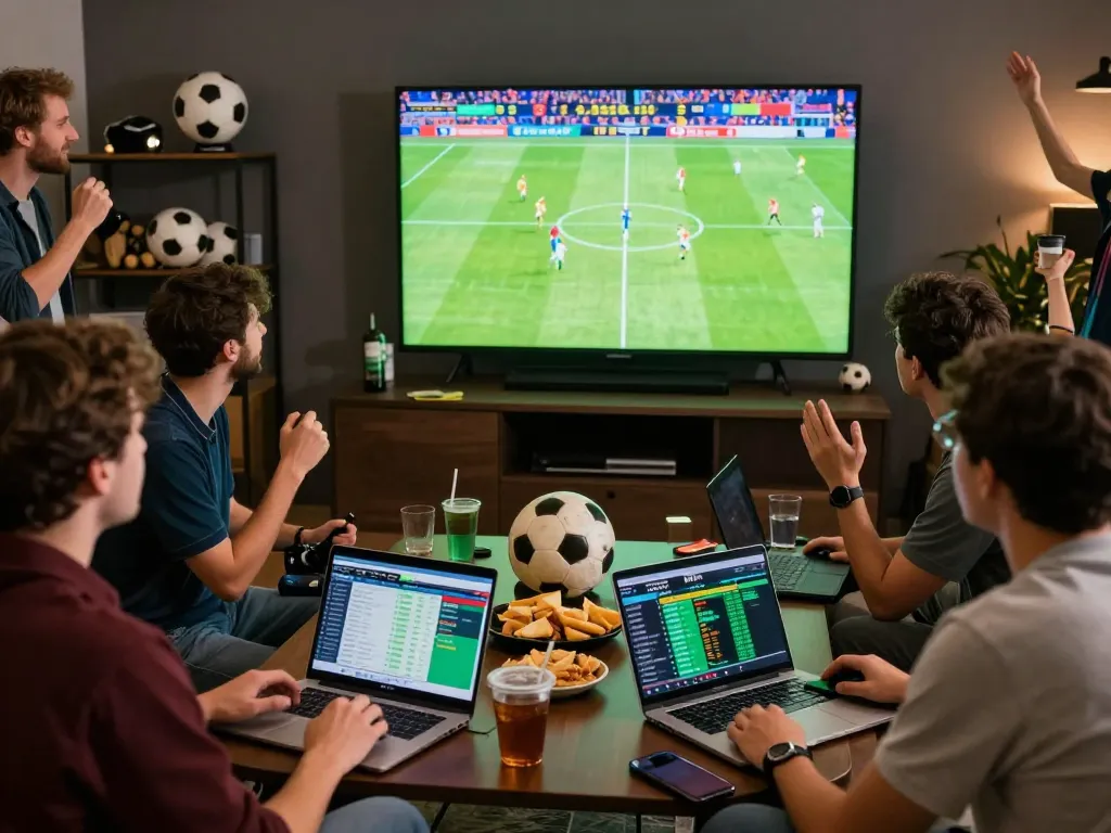 Exciting scene of friends engaging in kèo nhà cái while watching a football match, capturing high energy and anticipation.