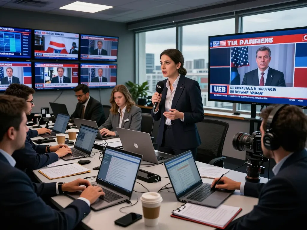 Live newsroom reporting on the escalating US Iran war with urgent atmosphere and journalists engaged
