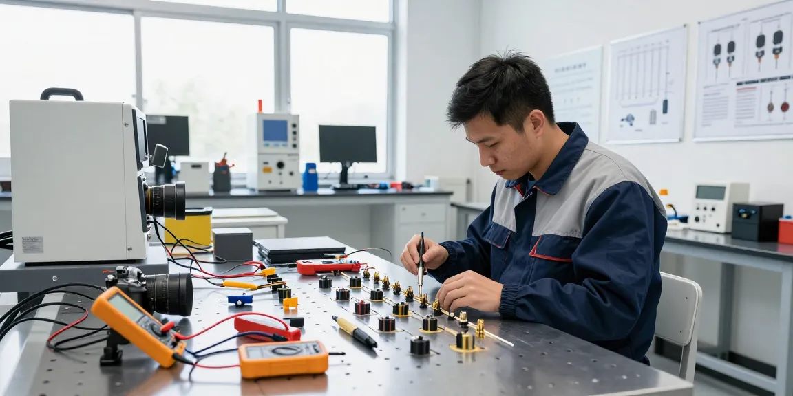 Technician examining geophone connector specifications in a modern lab setup for geophysical engineering.